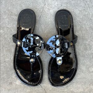 Tory Burch Black Patent Logo Thong Sandals